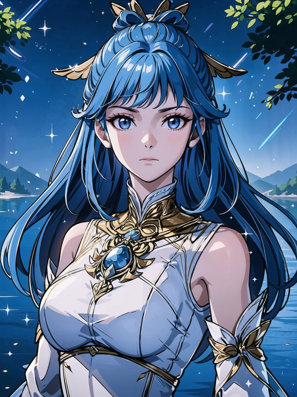 1732215912392-4035995212-_lora_lora_0.85_,wangdong,1girl,solo,closed mouth,blue hair,hair rings,(hair ornament),jewelry,detached sleeves,white high colla.png